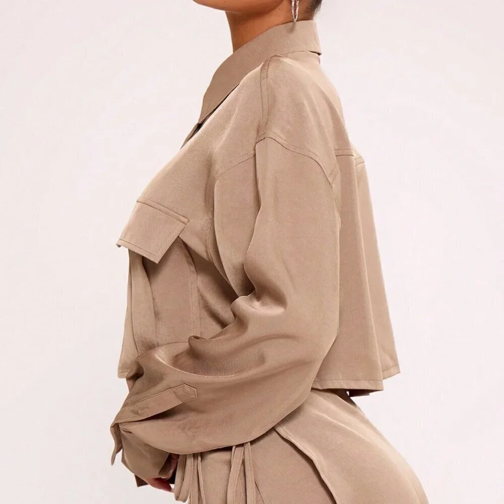 Casual Women's Button Up Collared Cargo Shirt top